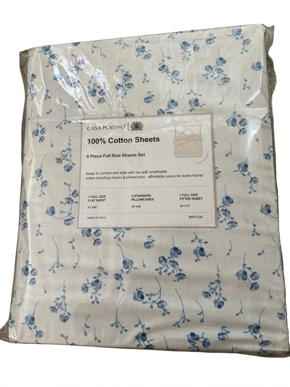 Casa Platino Blue & Cream White Floral 100% Cotton 6 Piece Full Size Sheet Set